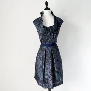 Lela Rose Blue Abstract Iridescent Ruffle Neck Sheath Dress Size 10/M